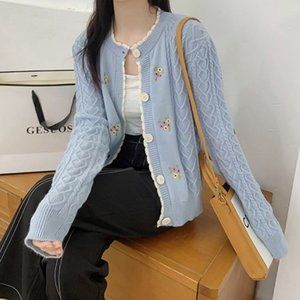 COPY - C133 Women Knitted Button Down Cotton Floral Cardigan Long Sleeve Sweater